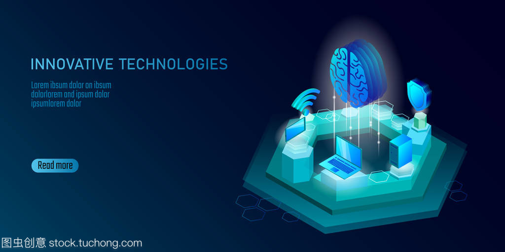 等距人工智能業務概念。藍色發光等距個人信息數據連接 pc 智能手機人腦未來技術。3d 圖表矢量圖