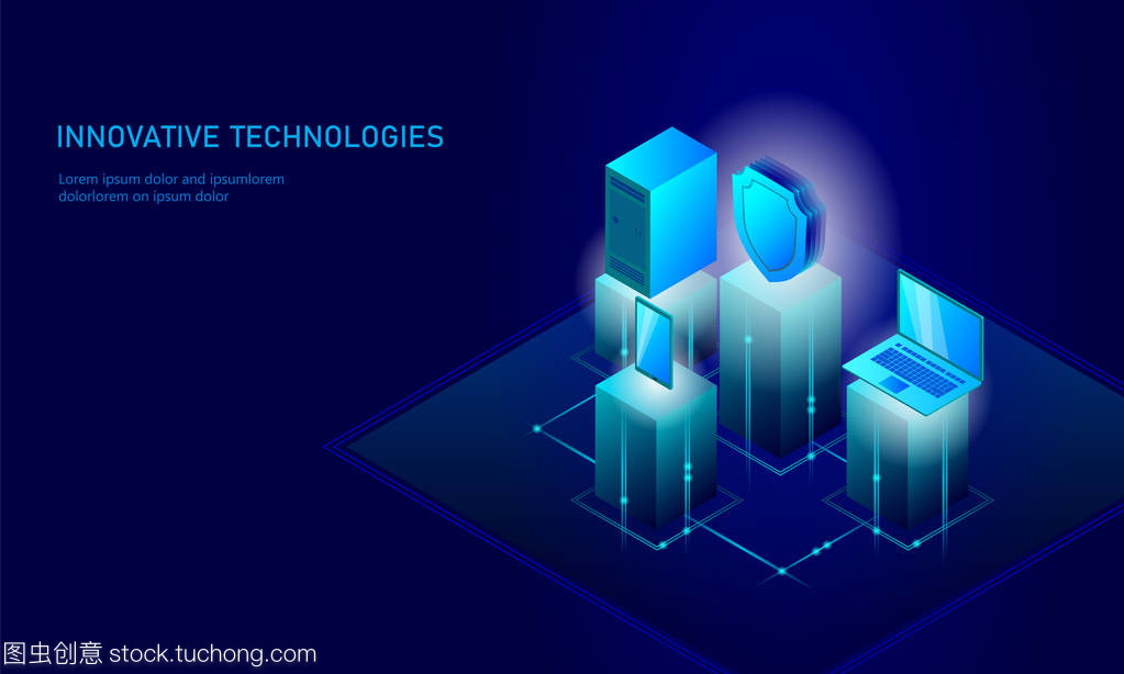 等距互聯網安全盾的經營理念。藍色發光等距個人信息數據連接 pc 智能手機未來技術。3d 圖表矢量圖